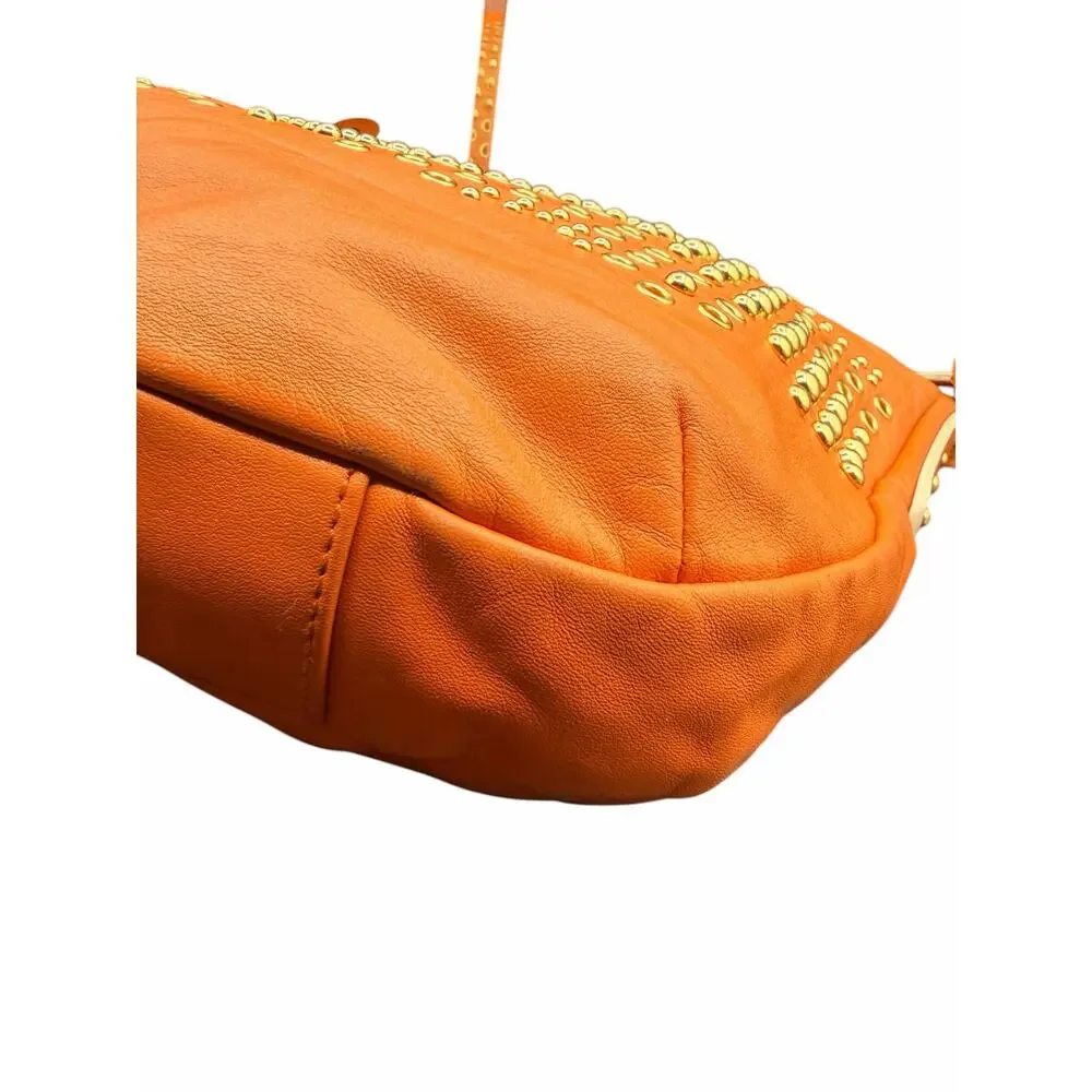 Via Spiga Orange Leather Studded Hobo Shoulder Bag Boho Gold Studs